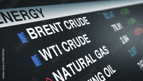 Tableau sur toile Detailed view of commodity and energy market board displaying Brent crude, WTI crude, and natural gas prices, highlighting global trading activity and financial fluctuations