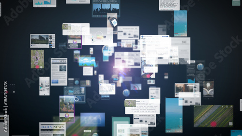 Canvas Print Floating digital cards and interfaces in a dark space symbolize continuous data flow, social media streams, and the overwhelming volume of online information