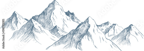 Hand drawn mountain range vector illustration with engraved crosshatch texture for outdoor adventure tourism logo and wilderness landscape design,