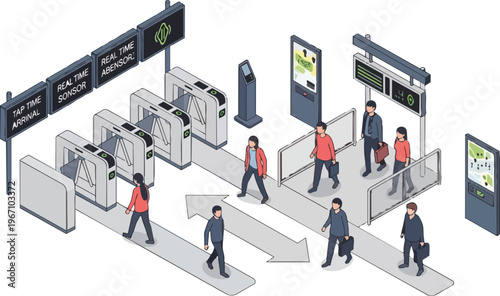 Isometric Modern Subway Station Entrance with Commuters, Digital Ticket Turnstiles, and Smart Information Displays for Urban Transport