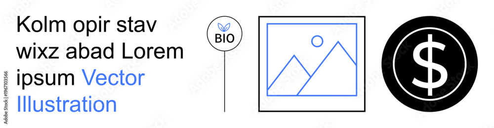 Fototapeta premium Sustainability, photography, digital assets, financial value, branding, eco-friendly design. A bio label, photo frame outline and dollar icon. Sustainability and photography are highlighted