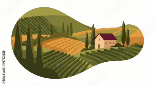 Stylized Italian countryside landscape illustration with house and vineyards