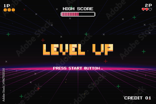 LEVEL UP icon, Pixel art 8 bit. Retro Futurism Sci-Fi Background. glowing neon grid. and stars from vintage arcade computer games