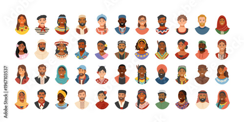Big set of people avatars wearing traditional clothing isolated on white. Concept of equality, cultural diversity, friendship, inclusion. Vector flat cliparts.