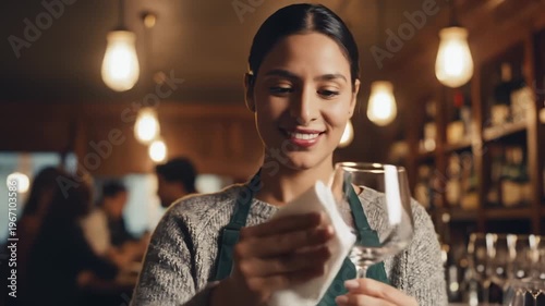 Smiling Bartender Woman Polishing Wine Glass With Cloth in Cozy Bar