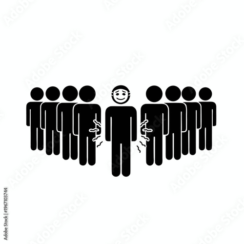Central stick figure with smiling mask exhibiting visible trembling from social anxiety amidst a symmetrical crowd silhouette