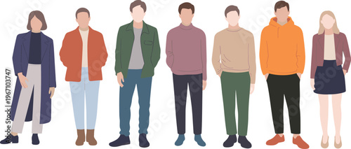 Diverse group of young adults wearing casual modern outfits standing together, flat vector illustration with minimal background, contemporary fashion styles, inclusive people lineup