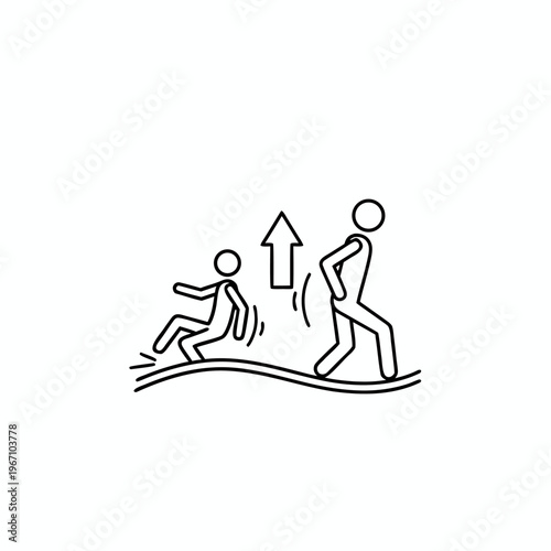 Minimalist line art illustration of a person falling and rising again with an arrow symbolizing resilience and progress