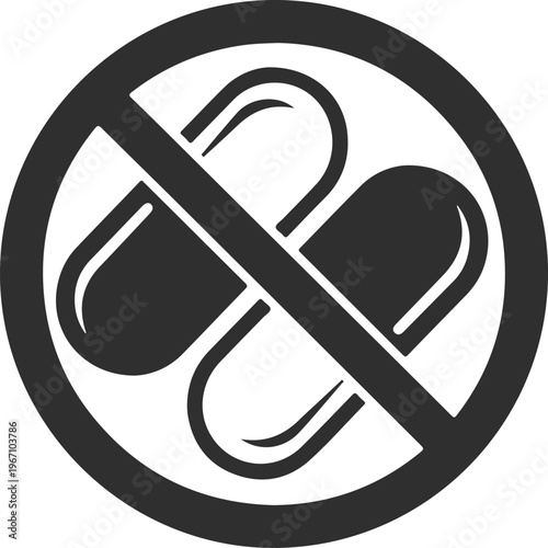 No medication icon, prohibition sign with pills, medical warning symbol