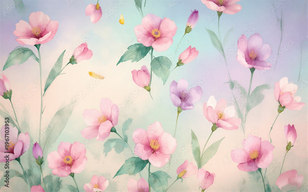Fototapeta premium Pink flowers bloom softly against a dreamy pastel sky backdrop.