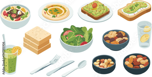 Healthy vegan food collection with avocado toast green salad smoothie bowl hummus and nutritious snacks isolated on white background vector