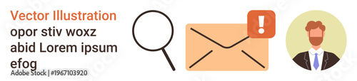 Email notification, digital communication, information alert, online messaging, user identification, search concepts. An envelope with an exclamation mark, a magnifying glass, and an avatar icon