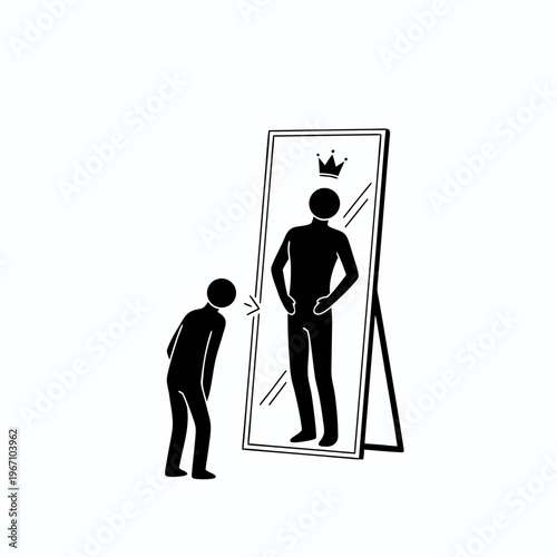 Minimalist stick figure silhouette looking into a mirror and seeing a proud self-image with a crown