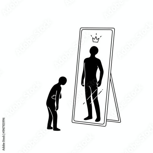 Slumped silhouette of a tired man looking in a mirror at a reflection of a confident king with a crown