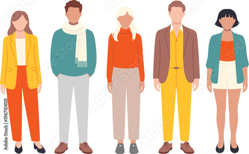 Diverse group of casually dressed young people standing together, flat vector illustration highlighting modern fashion, individuality, inclusivity, and contemporary lifestyle on minimal background