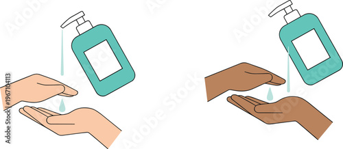 Collection of hands using antiseptic gel and liquid soap from dispenser bottle for hygiene virus prevention and healthcare concept flat vector