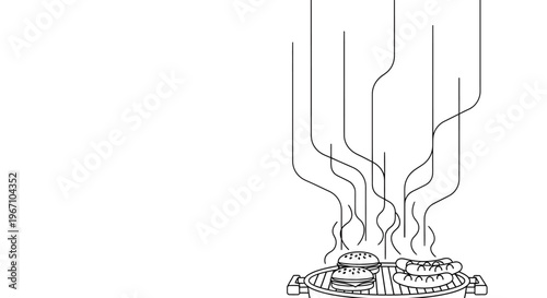 A line drawing of steaming hot sandwiches.