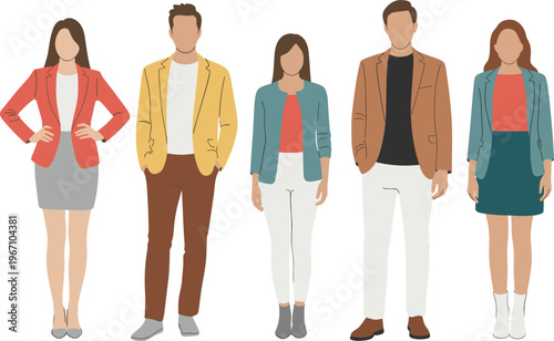 Flat vector illustration of diverse business professionals standing together in modern smart casual outfits, corporate office fashion characters isolated on clean neutral background