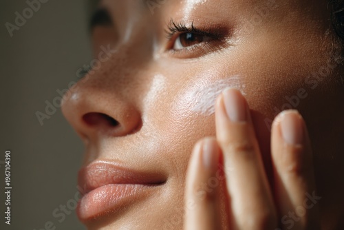  Close-up de uma jovem mulher brasileira aplicando creme hidratante no rosto, pele com sardas iluminada pelo sol, conceito de skincare e beleza natural