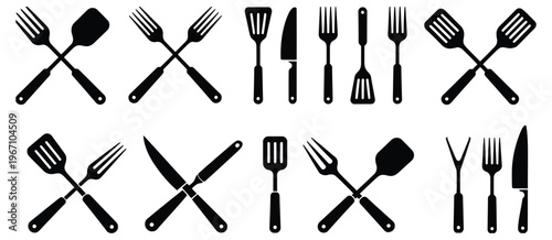 BBQ and kitchen utensil icon set vector illustration for cooking, grilling, restaurant and food design, modern flat icons featuring spatulas, tongs, forks, knives, and cooking tools for menus, apps, 