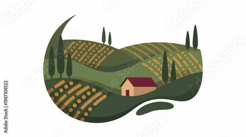 Stylized rolling hills landscape with house, vineyards, and cypress trees