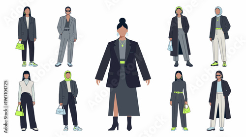 Monochrome Fashion Women Characters With Neon Accent Flat Vector Set