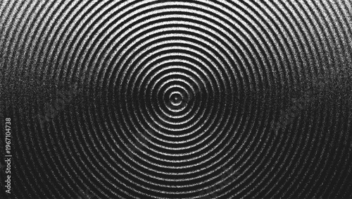 Stippling artwork with concentric circles geometry expand in rhythmic harmony. Ripple pattern made from countless dots creating illusion of light and shadow. Dynamic illusion of sound waves. Vector