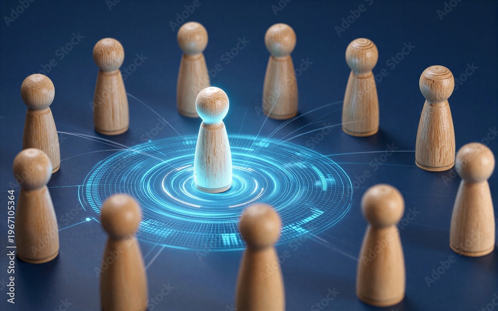 Obraz premium Central figure radiates blue energy surrounded by peers in a digital