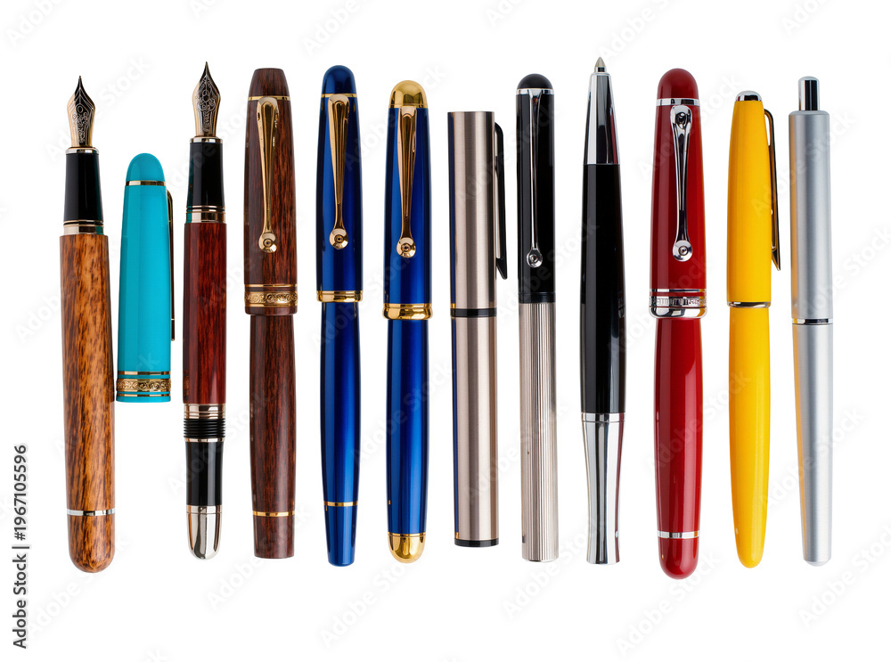 Fototapeta premium Isolated assortment of elegant writing instruments, including fountain, rollerball, and ballpoint pens.