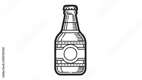 Bottle beverage drink icon with label area and ribbed cap for refreshment and thirst quenching featuring liquid, container, glass with stubby and