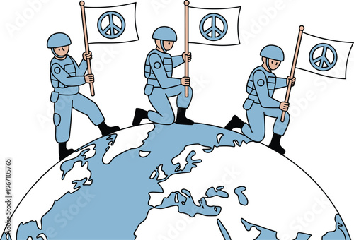 Peacekeeper soldiers holding peace flags while standing on globe for international unity world safety and harmony concept vector
