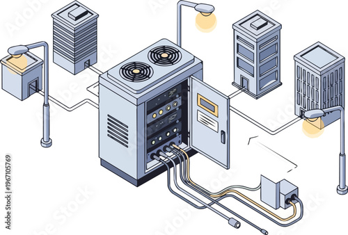 Isometric Smart City Infrastructure and Data Center Illustration with Connected Buildings and Streetlights