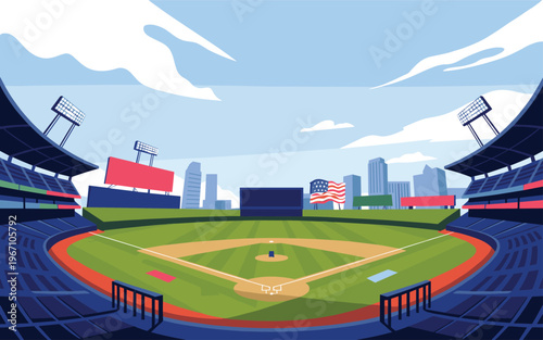 Baseball Stadium Scene with City Skyline and American FlagWide Angle View Flat Design Style