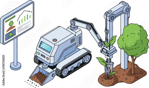 Autonomous Tree Planting Robot and Smart Farming Technology Isometric Illustration for Reforestation and Sustainable Agriculture