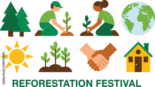 Reforestation festival icon set featuring people planting trees earth globe sun and community symbols for environmental conservation vector
