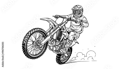 Motocross rider line art wheelie action vector illustration