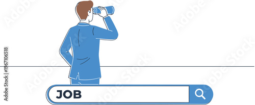 Professional businessman looking through binoculars for career opportunities and online recruitment with job search engine bar interface concept flat vector