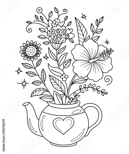 Line Art Floral Arrangement in Teapot with Heart Detail Whimsical Botanical Illustration