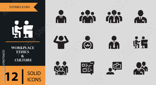Workplace ethics and culture solid icons on gray background
