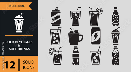 Collection of cold beverages and soft drink icons in solid style
