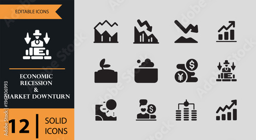 Economic recession and market downturn editable solid icons