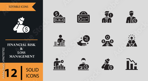 Financial risk and loss management icons on gray background