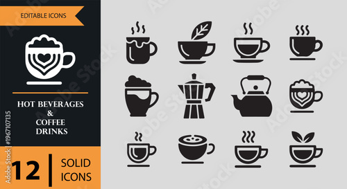 Collection of hot beverages and coffee drink icons in solid style