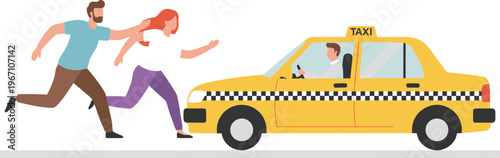 Young man and woman running to catch yellow taxi cab on street for urban transportation and late for work concept flat vector