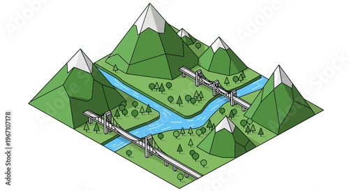 Isometric landscape with mountains river and bridges.