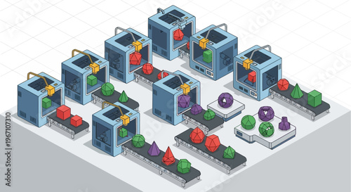 Automated 3D printing production line with colorful objects.