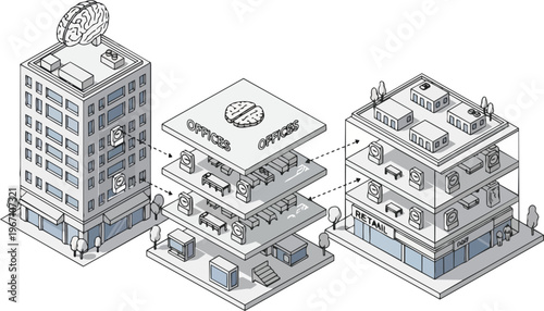 Isometric Illustration of Smart Building Management with AI Brain Integration, Office Floor Plans, and Connected Retail Infrastructure Concept
