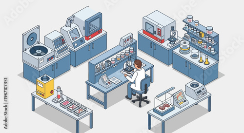 Modern Scientific Laboratory Equipment and Researcher Illustration.