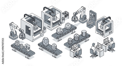 Modern Manufacturing Factory with Robotic Arms and 3D Printers.