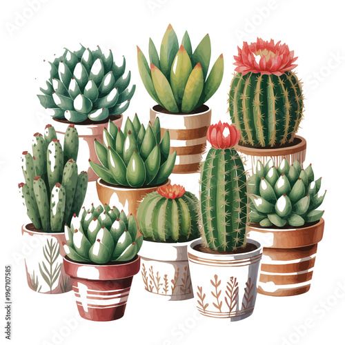 Collection of various potted succulents and cacti, watercolor illustration, desert plants, cute small plants, isolated on transparent background